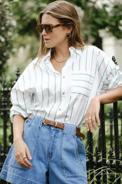 Ceres Life Oversized Poplin Shirt- Grass Fine Twin Stripe