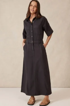 Ceres Life Short Sleeve Denim Midi Shirt Dress - Washed Black Twill