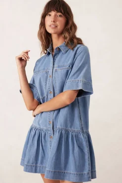 Ceres Life Short Sleeve Tiered Pocket Shirt Dress  - Vintage Blue