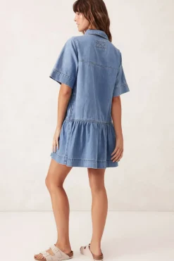 Ceres Life Short Sleeve Tiered Pocket Shirt Dress  - Vintage Blue