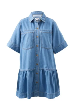 Ceres Life Short Sleeve Tiered Pocket Shirt Dress  - Vintage Blue