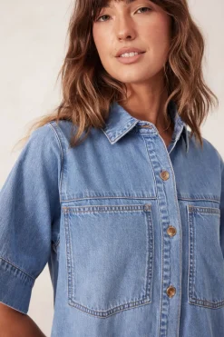 Ceres Life Short Sleeve Tiered Pocket Shirt Dress  - Vintage Blue