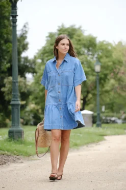 Ceres Life Short Sleeve Tiered Pocket Shirt Dress  - Vintage Blue
