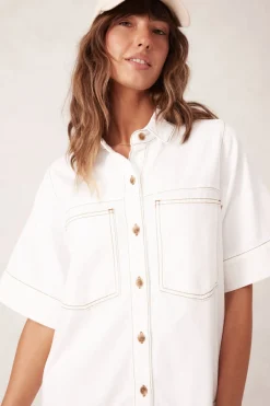 Ceres Life Short Sleeve Tiered Pocket Shirt Dress - Fresh Ecru