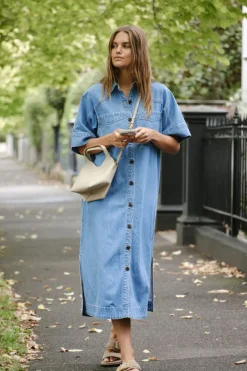 Ceres Life Short Sleeve Yoke Detail Midi Dress - Vintage Blue