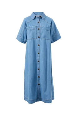 Ceres Life Short Sleeve Yoke Detail Midi Dress - Vintage Blue