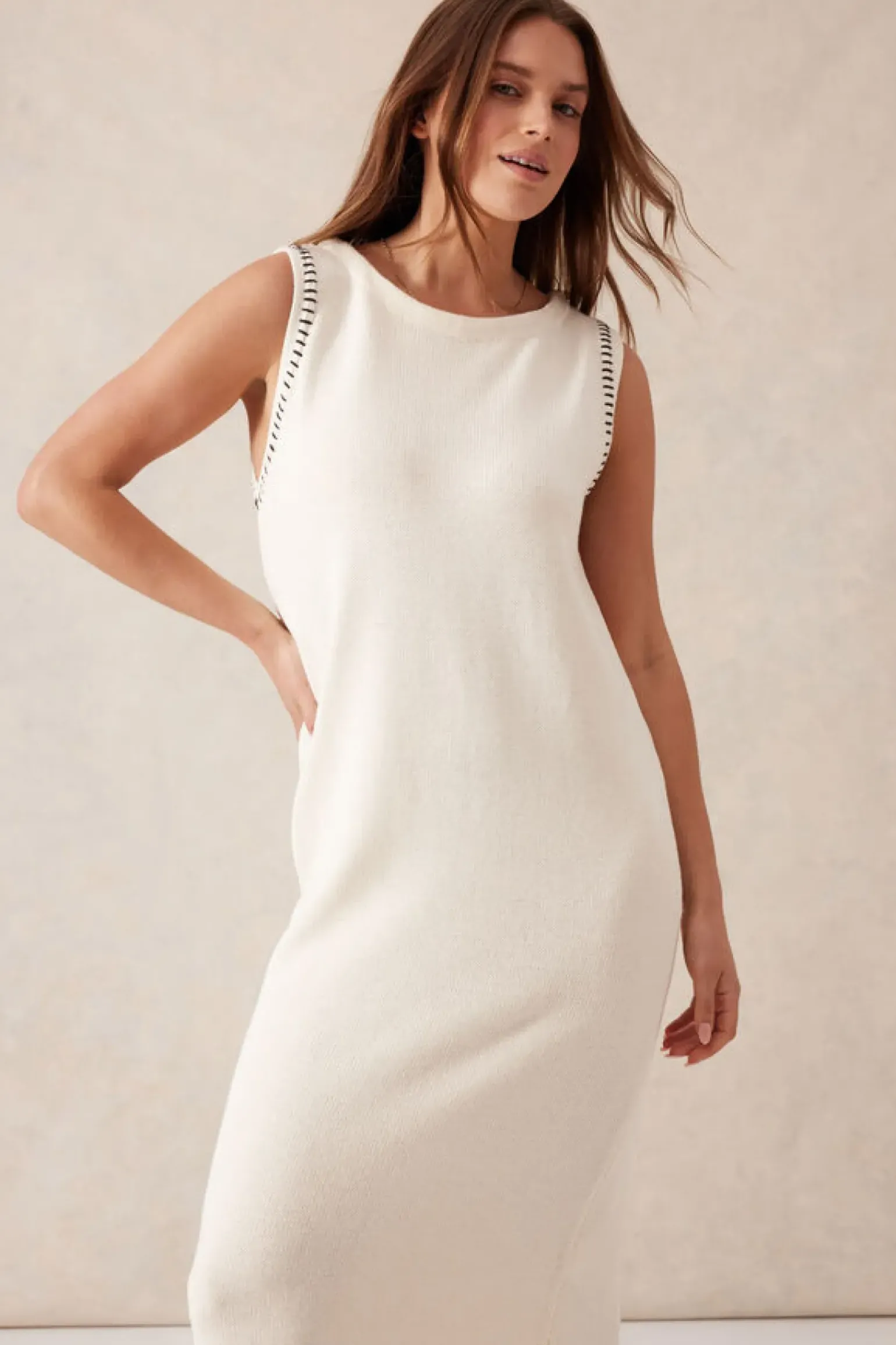 Ceres Life Sleeveless Boat Neck Knit Midi Dress - Eggshell