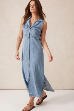 Ceres Life Sleeveless Panelled Midi Shirt Dress - Vintage Blue