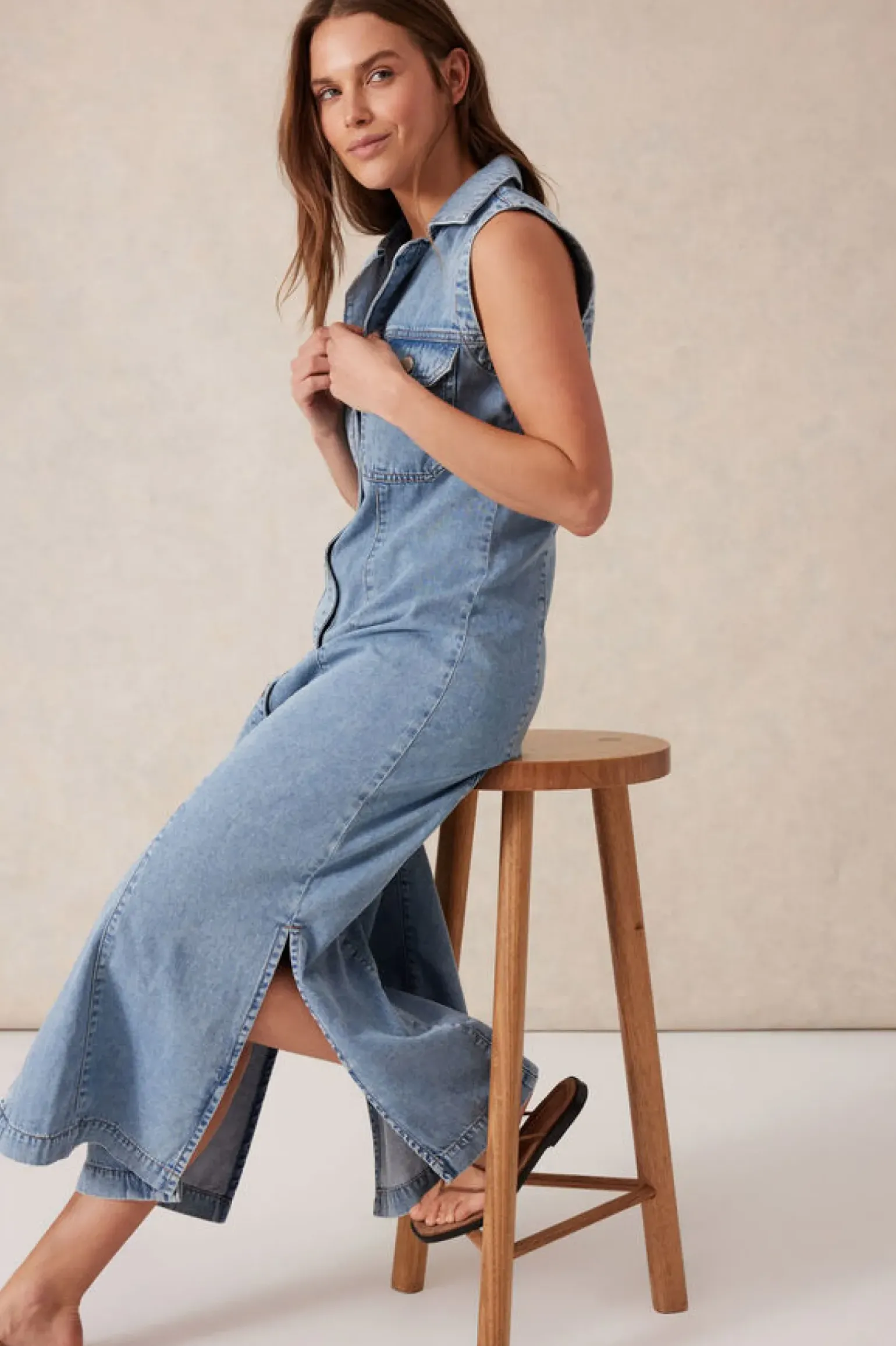 Ceres Life Sleeveless Panelled Midi Shirt Dress - Vintage Blue