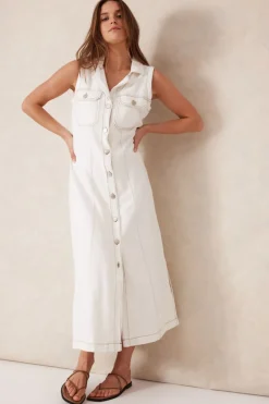 Ceres Life Sleeveless Panelled Midi Shirt Dress - Fresh Ecru
