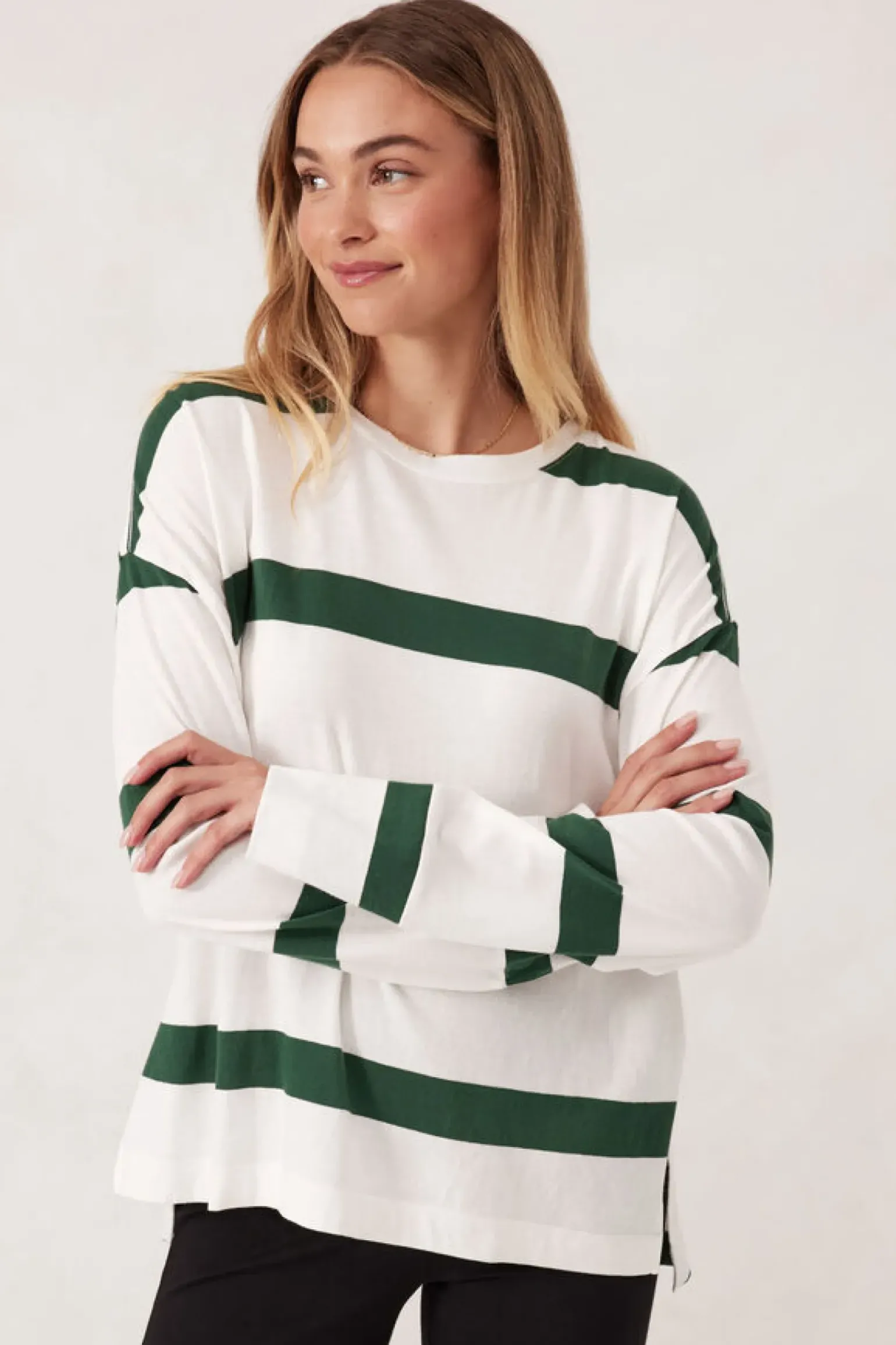 Ceres Life Slouchy Long Sleeve - Vanilla Pine Green Bold Stripe