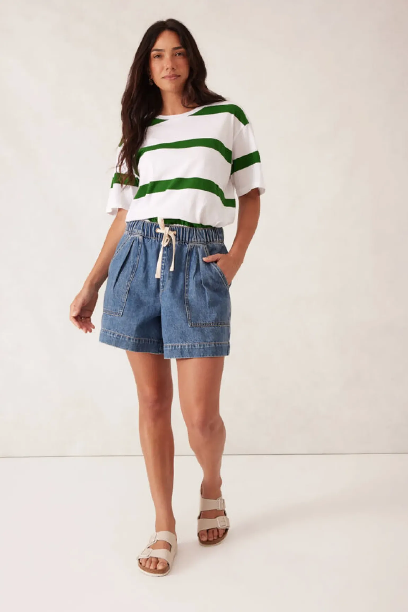 Ceres Life Slouchy Split Hem Tee - Winter Green Bold Stripe