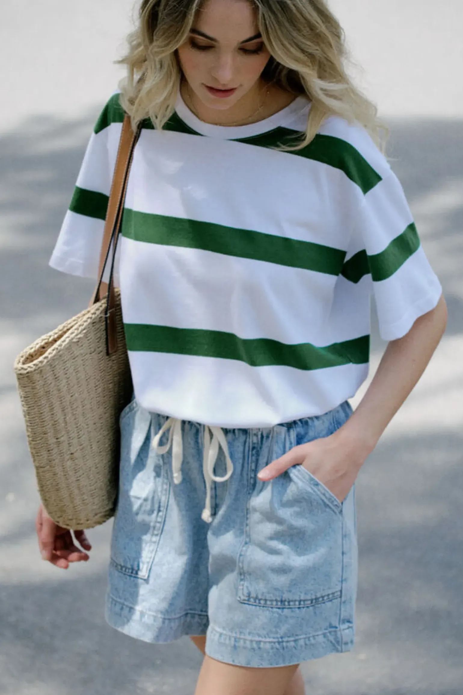Ceres Life Slouchy Split Hem Tee - Winter Green Bold Stripe