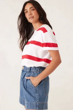Ceres Life Slouchy Split Hem Tee - White/Heritage Red Bold Stripe