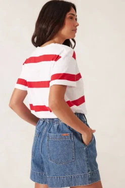 Ceres Life Slouchy Split Hem Tee - White/Heritage Red Bold Stripe