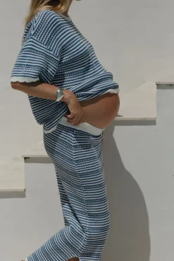 Ceres Life Textured Boxy Knit Tee - Summer Blue Stripe