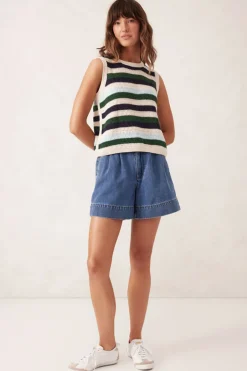 Ceres Life Textured Mulit Stripe Knit Tank - Aqua Pine Navy Stripe