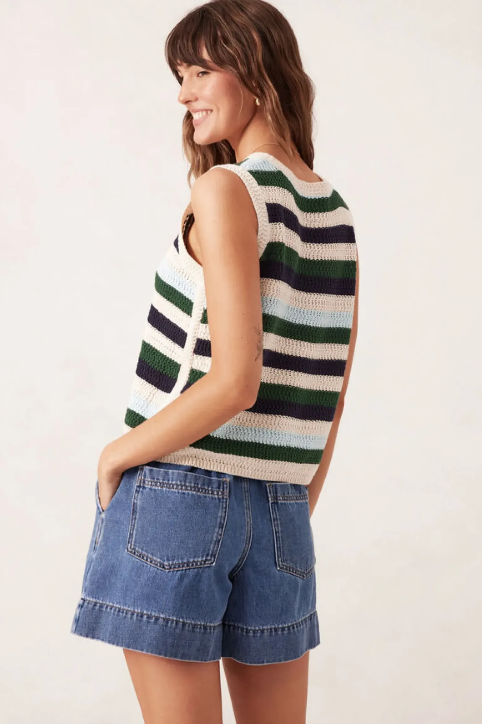 Ceres Life Textured Mulit Stripe Knit Tank - Aqua Pine Navy Stripe