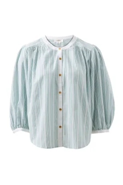 Ceres Life Woven Collarless Top - Green Ladder Stripe