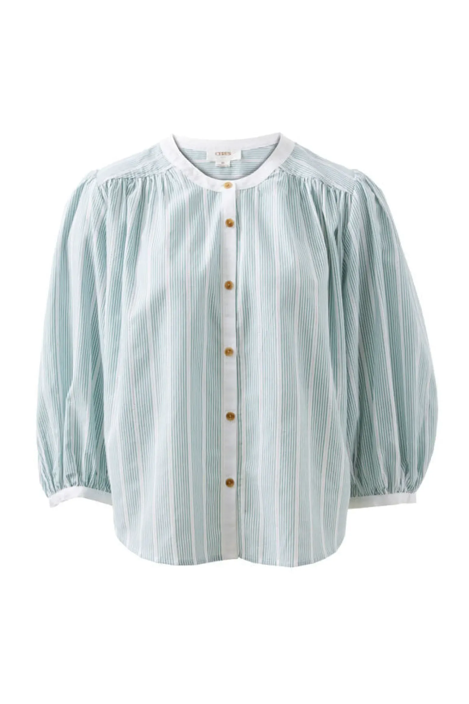 Ceres Life Woven Collarless Top - Green Ladder Stripe