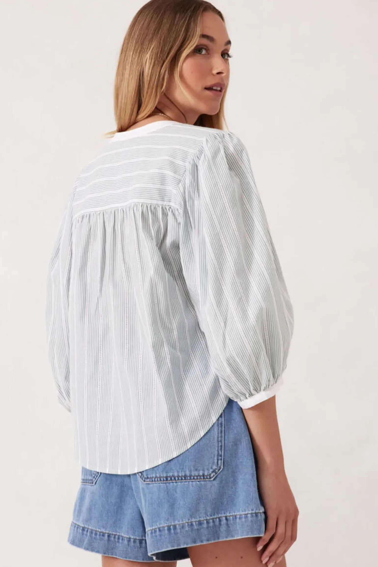 Ceres Life Woven Collarless Top - Green Ladder Stripe