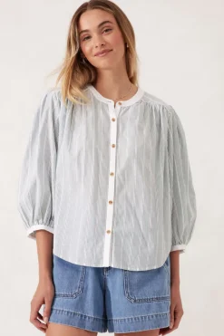 Ceres Life Woven Collarless Top - Green Ladder Stripe