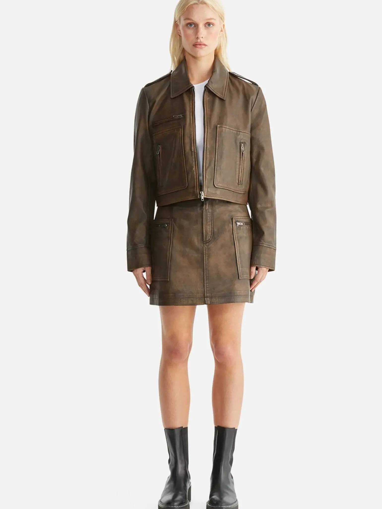 Ena Pelly Lennie Leather Biker Jacket - Worn Brown