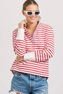 Est 1971 Rugby Frill Collar Cotton Sweatshirt - Raspberry Stripe