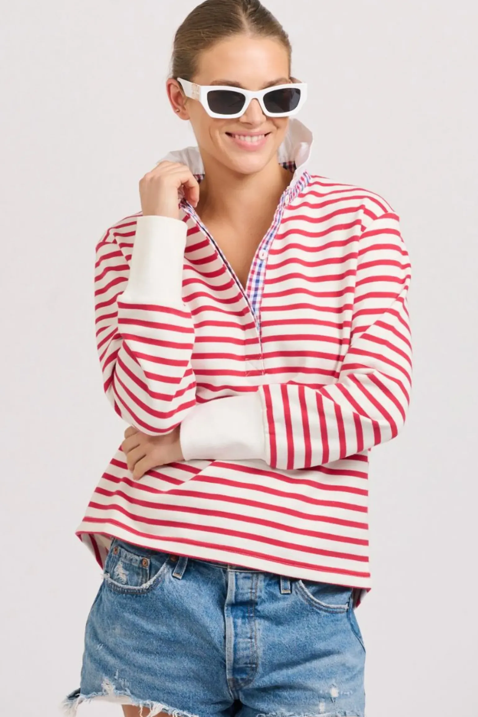 Est 1971 Rugby Frill Collar Cotton Sweatshirt - Raspberry Stripe