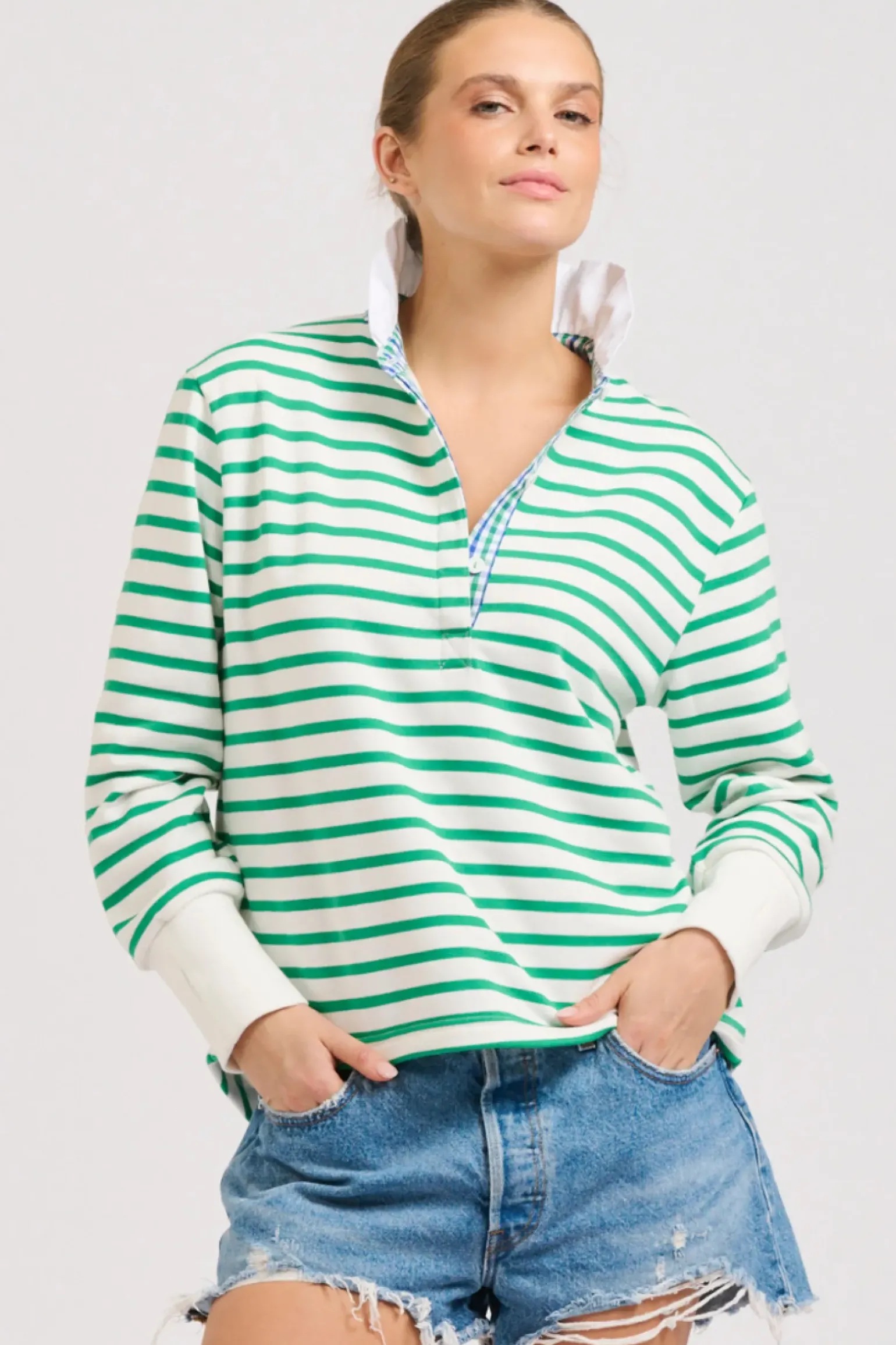 Est 1971 Rugby Frill Collar Cotton Sweatshirt - Green Stripe