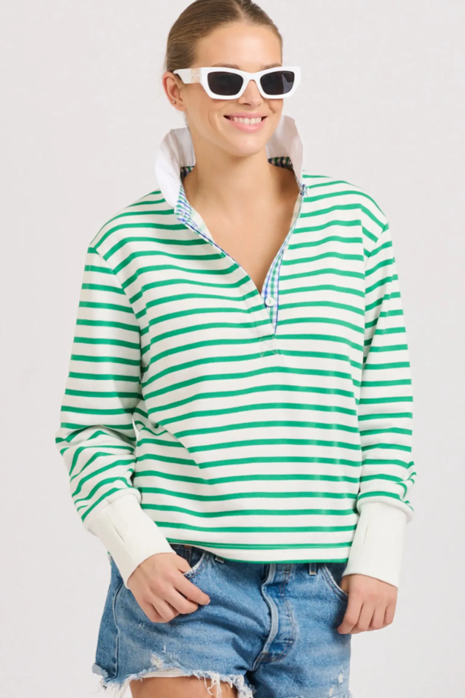 Est 1971 Rugby Frill Collar Cotton Sweatshirt - Green Stripe