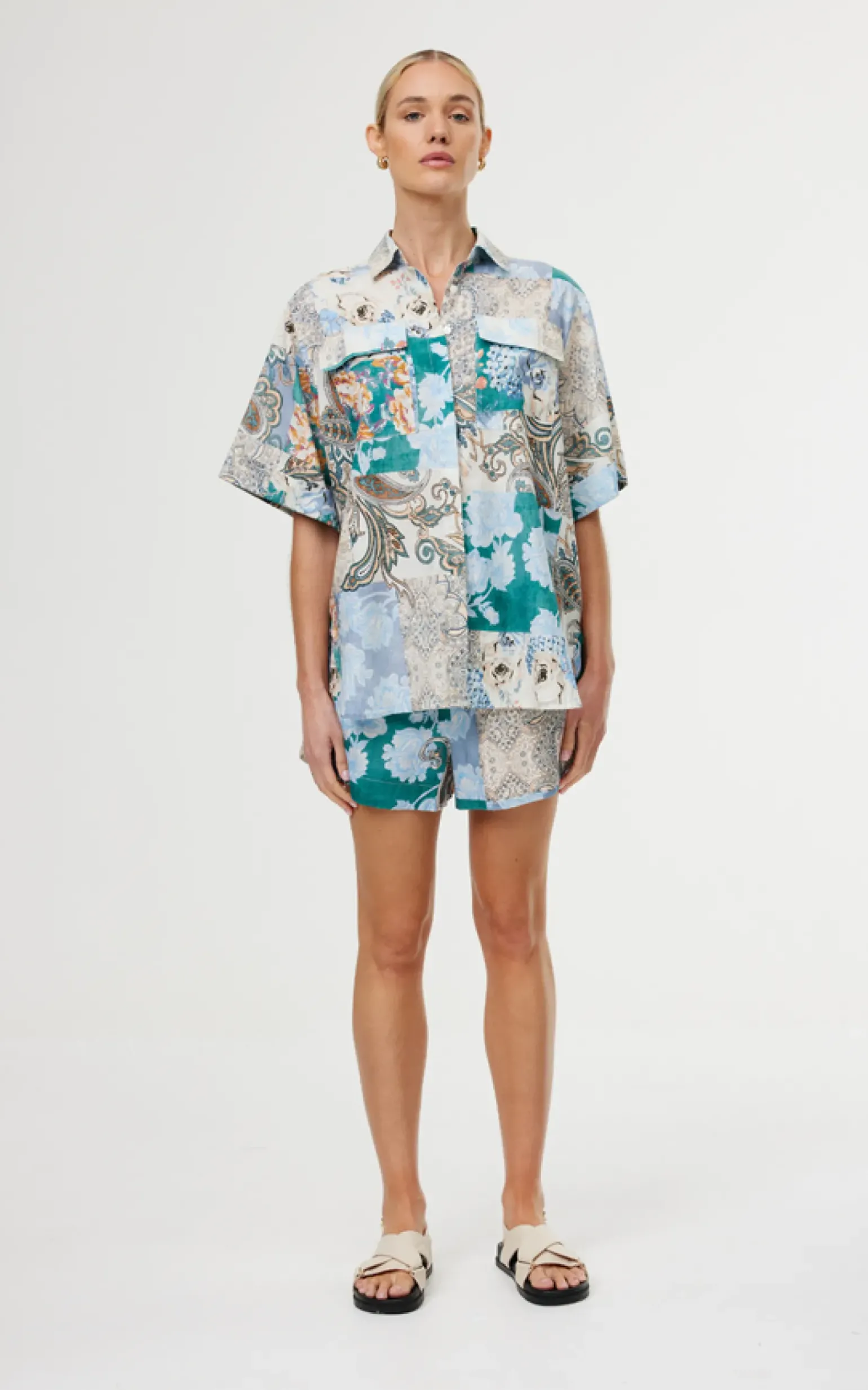 Kinney Juniper Shirt - Cyan Patchwork