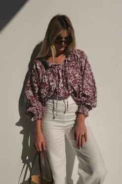 Lunar Fox Charlotte Linen Blouse - Sangria