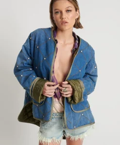 One Teaspoon Bay Blue Quilted Crystal Studded Jacket
