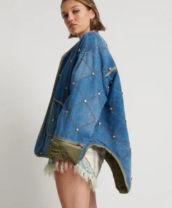 One Teaspoon Bay Blue Quilted Crystal Studded Jacket