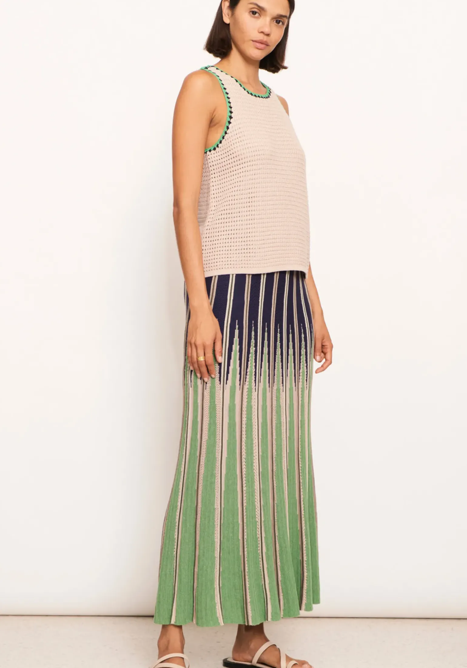 Pol Xander Crochet Tank - Pebble/Ink/Green