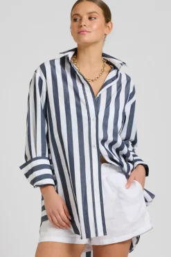 Shirty Andrea Oversized Boyfriend Shirt- Navy Stripe