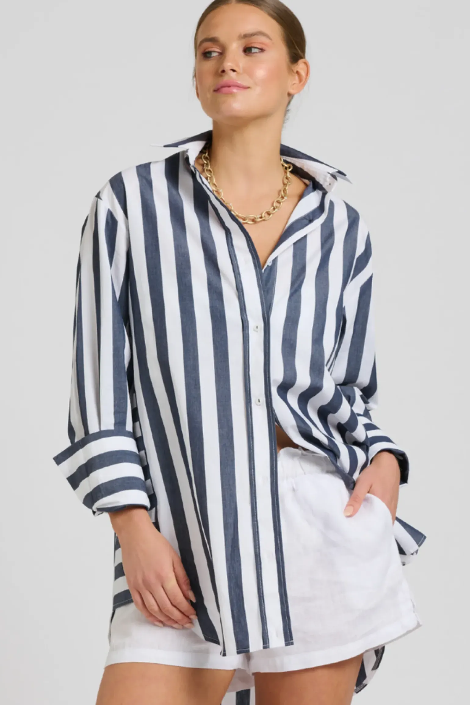 Shirty Andrea Oversized Boyfriend Shirt- Navy Stripe