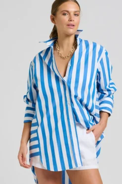 Shirty Andrea Oversized Boyfriend Shirt- Mid Blue Stripe