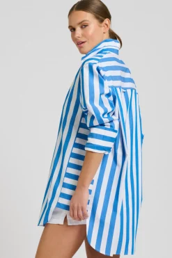 Shirty Andrea Oversized Boyfriend Shirt- Mid Blue Stripe