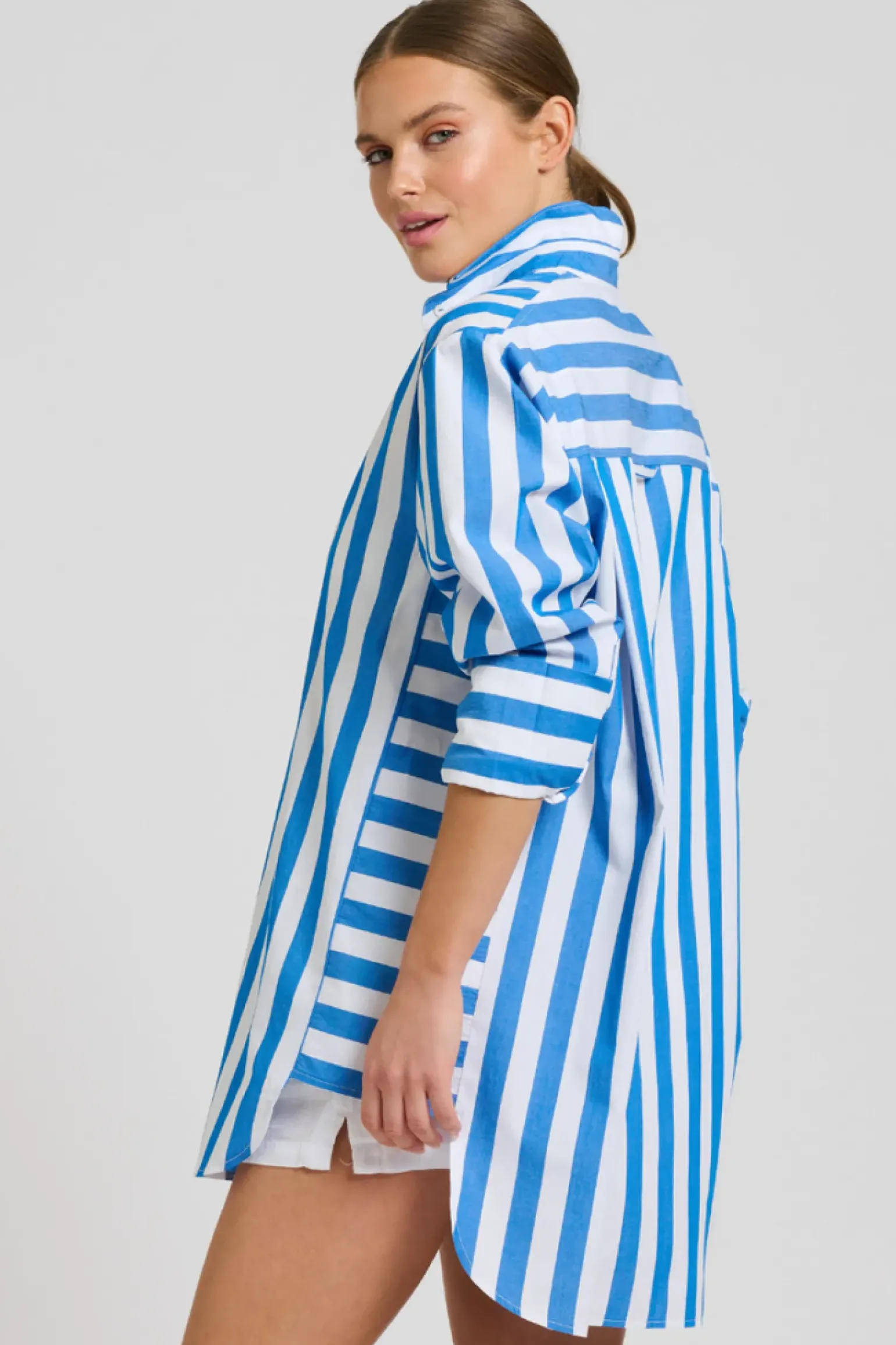 Shirty Andrea Oversized Boyfriend Shirt- Mid Blue Stripe
