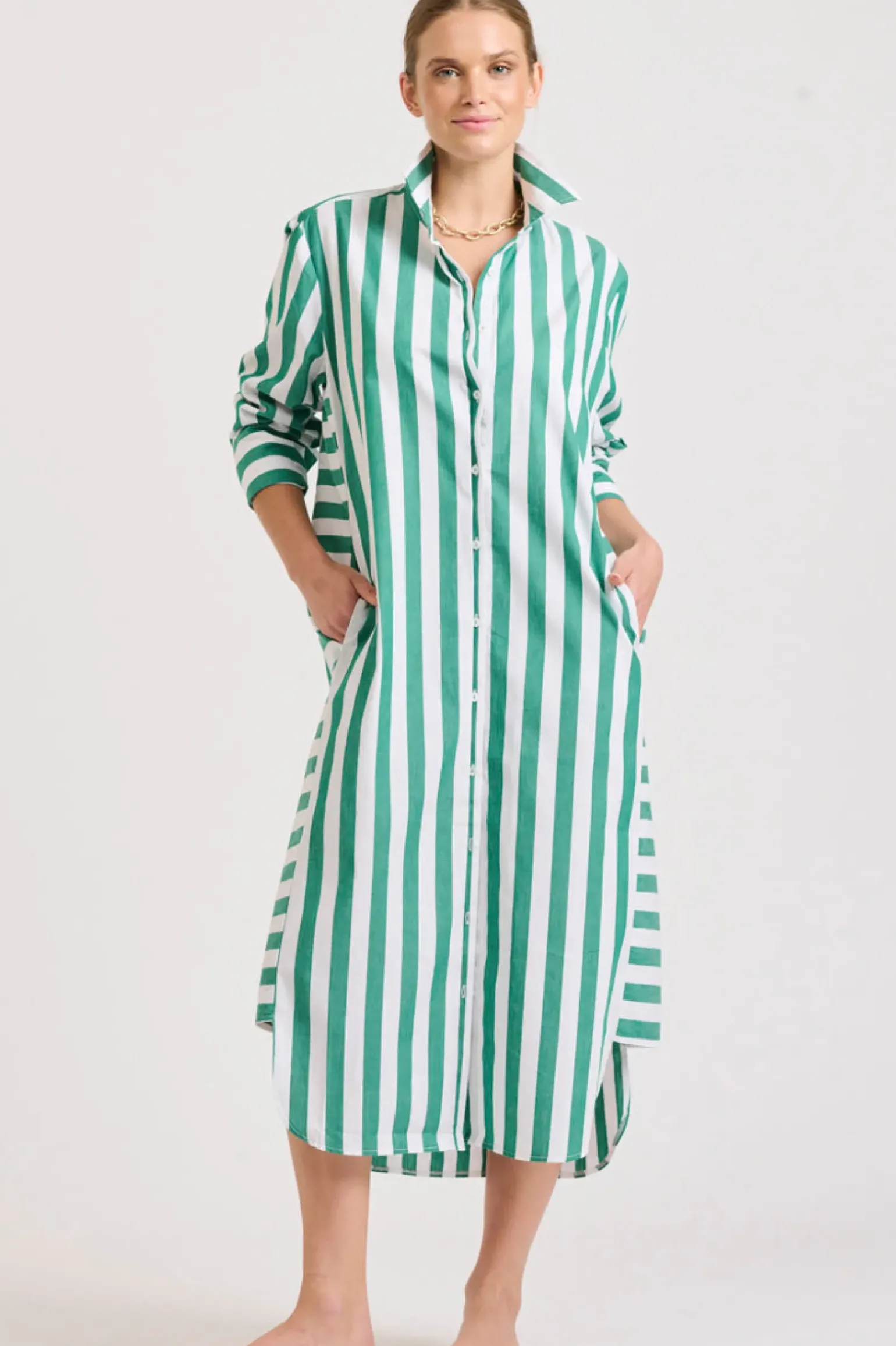 Shirty Andrea Shirtdress- Green wide stripe