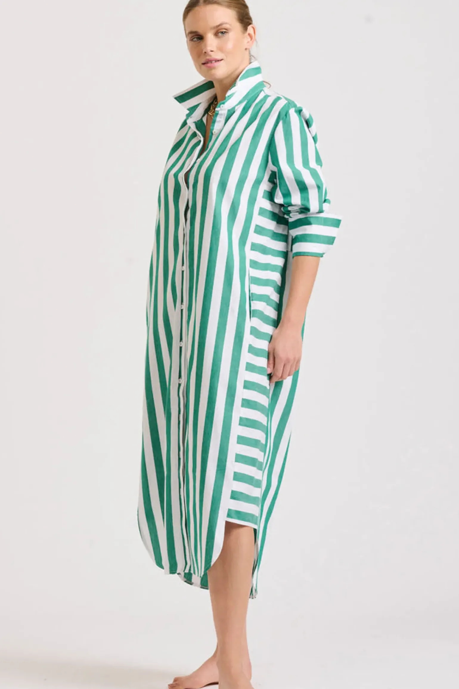 Shirty Andrea Shirtdress- Green wide stripe