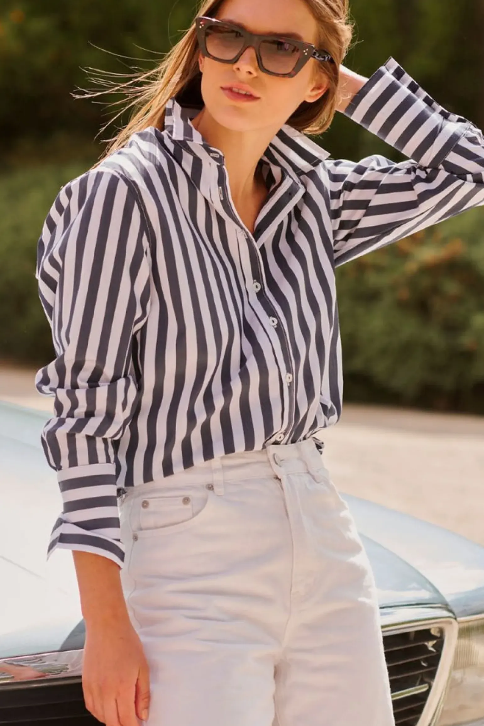 Shirty Elodie Girlfriend Shirt - Navy Wide Stripe