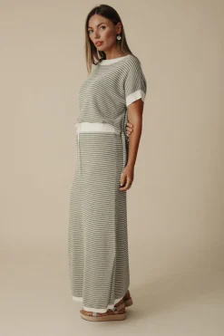 Talamaya Lattice Short Sleeve Pullover- Dusty Olive & Cream
